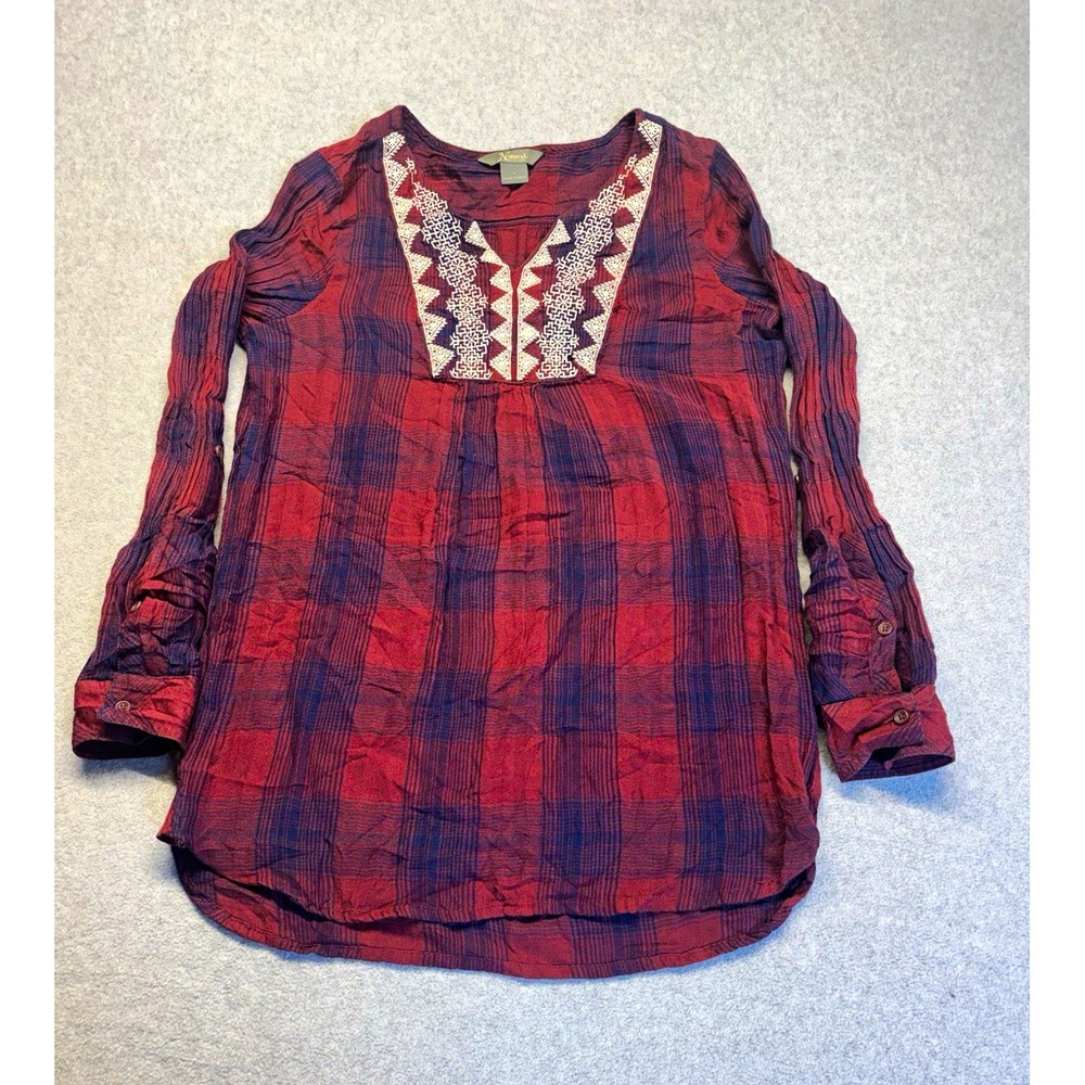 Natural Reflections Womens S Plaid Embroidered Scoop Neck Tunic Blouse